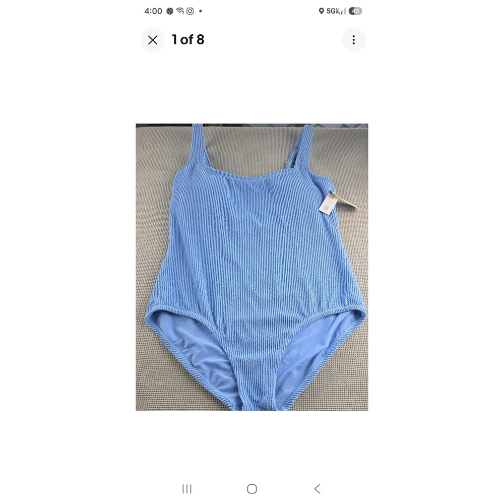 Kona Sol Blue Textured One Piece Swimsuit XL Square Neck Adjustable Straps (425)